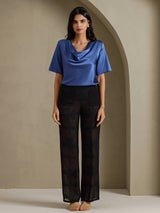 [Echt Petrol] SilkSilky-NL Short Sleeve Cowl Neck Blouse 007