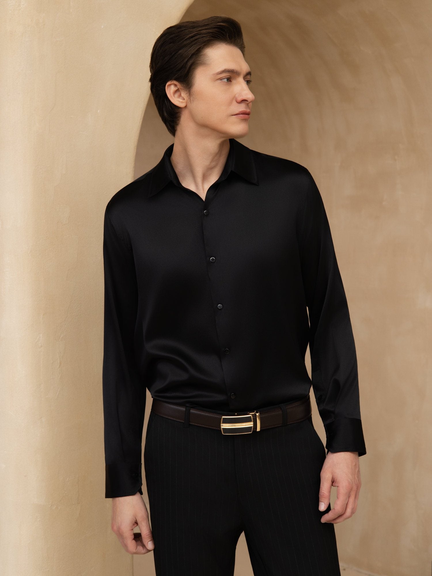 [Zwart] SilkSilky-NL 19Momme Lange Mouw Reverskraag Heren Shirt 004