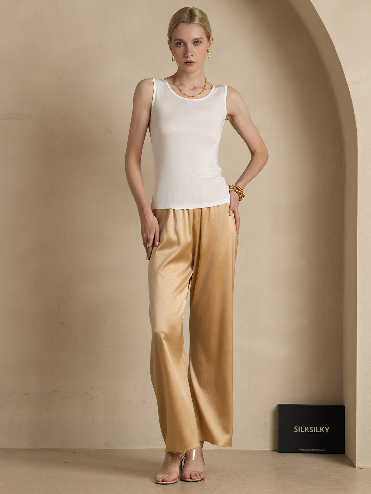 [Wit] SilkSilky-NL Zijde Gebreid Ronde Hals Dames T-Shirt 007