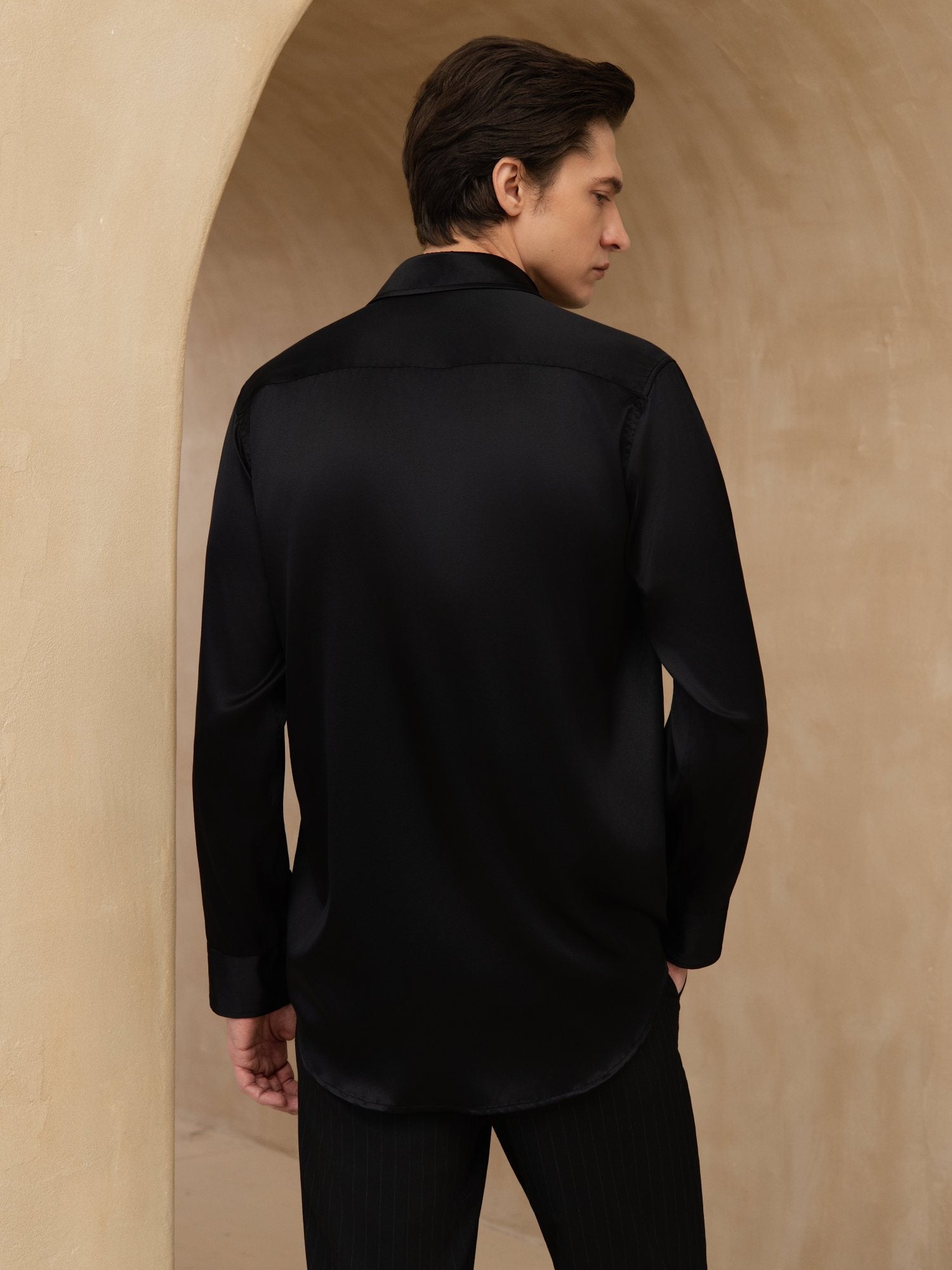 [Zwart] SilkSilky-NL 19Momme Lange Mouw Reverskraag Heren Shirt 002