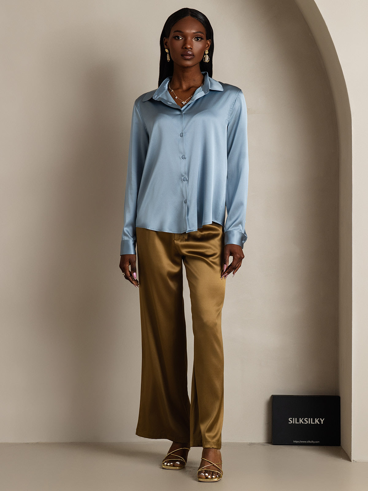 [Grijsachtig Blauw] SilkSilky-NL Zijde Kraag Dames Blouse 006