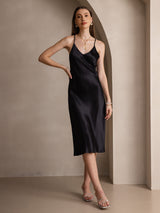[Zwart] SilkSilky-NL Pure Silk Mouwloos V-Hals Jurk 001