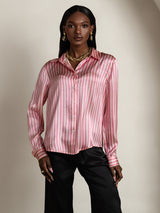 [Roze Streep] SilkSilky-NL Long Sleeve Lapel Collar Dames Blouse 004