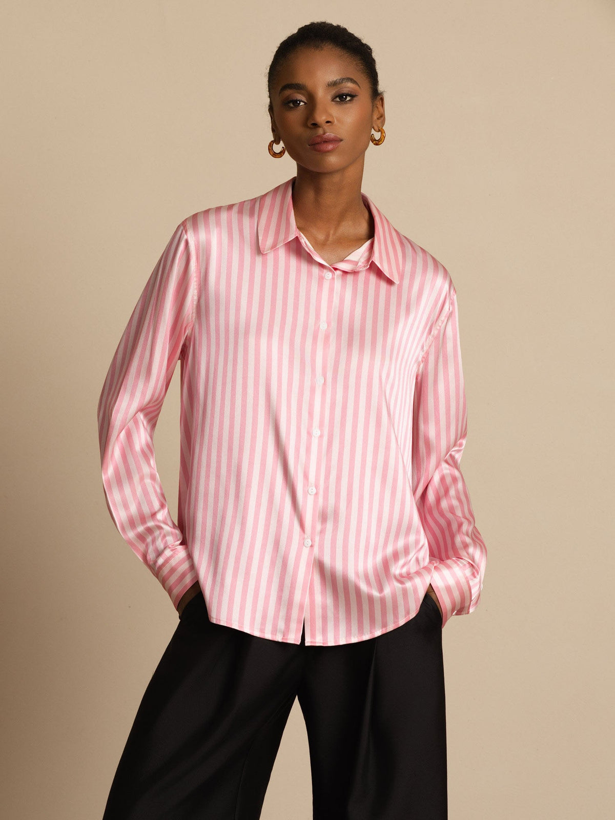 [Roze Streep] SilkSilky-NL Long Sleeve Lapel Collar Dames Blouse 001