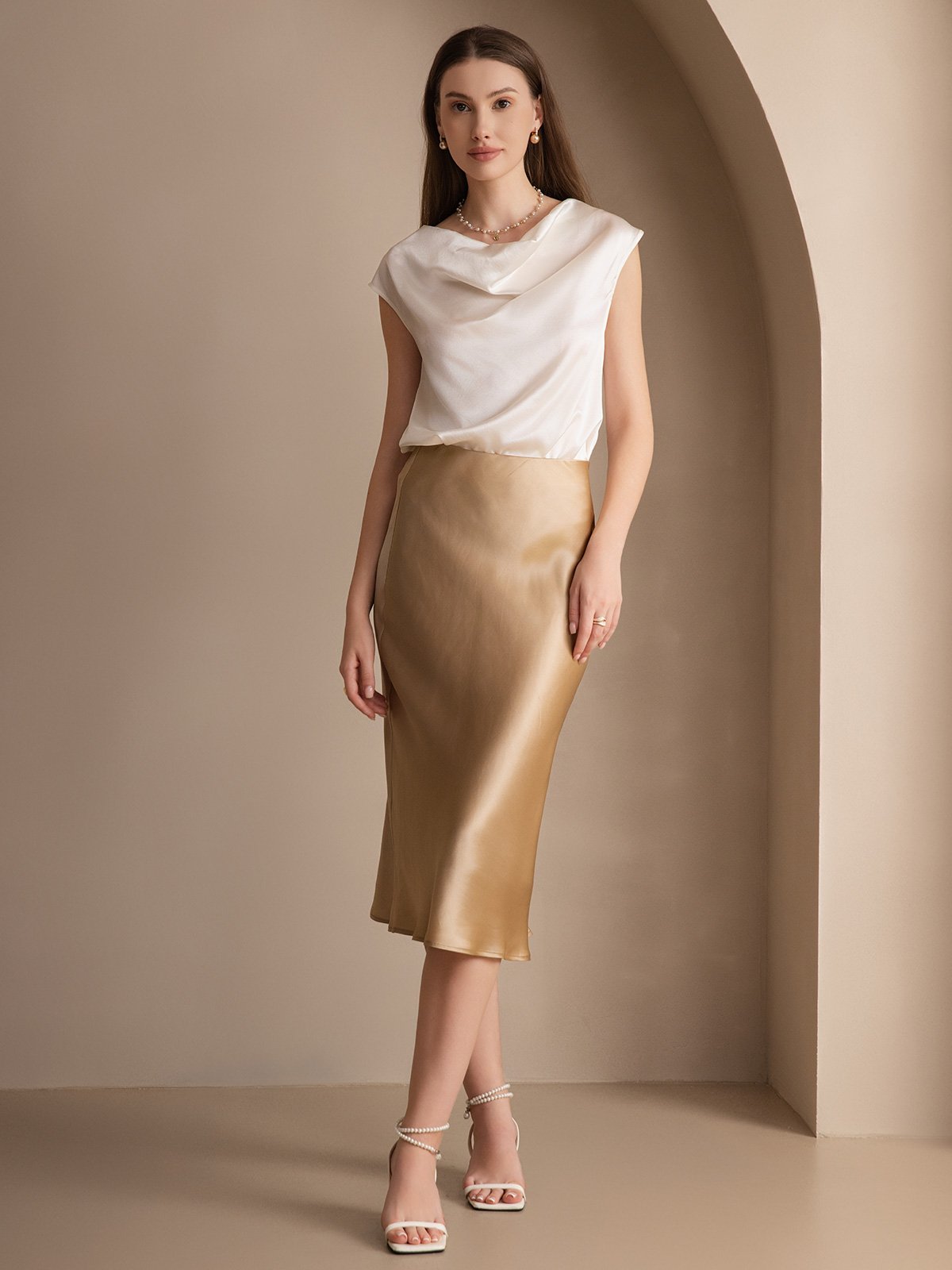 [Wit] SilkSilky-NL 19Momme Zijde Mouwloos Womens T-Shirt 006