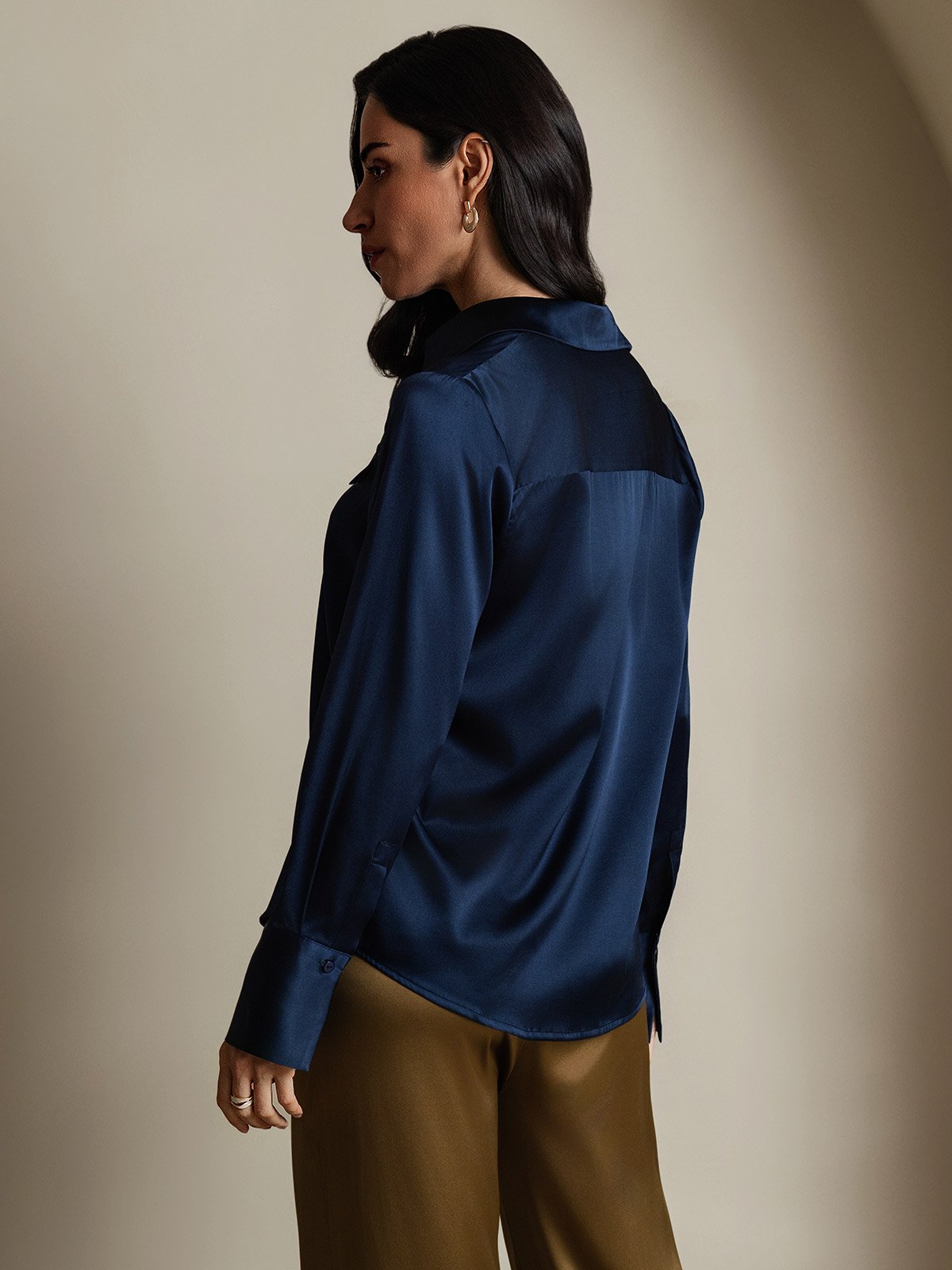SilkSilky-NL 19Momme Zijde Lange Mouw Kraag Dames Blouse Donkerblauw 002