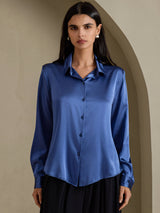 [Echt Petrol] SilkSilky-NL Long Sleeve Lapel Collar Dames Blouse 003