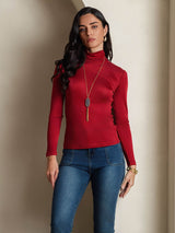 [Wijn] SilkSilky-NL Lange Mouw Coltrui Hals Dames T-Shirt 004