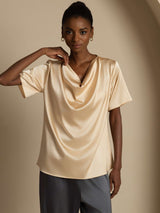[Champagne] SilkSilky-NL 19Momme Korte Mouw Waterval Hals Blouse 005