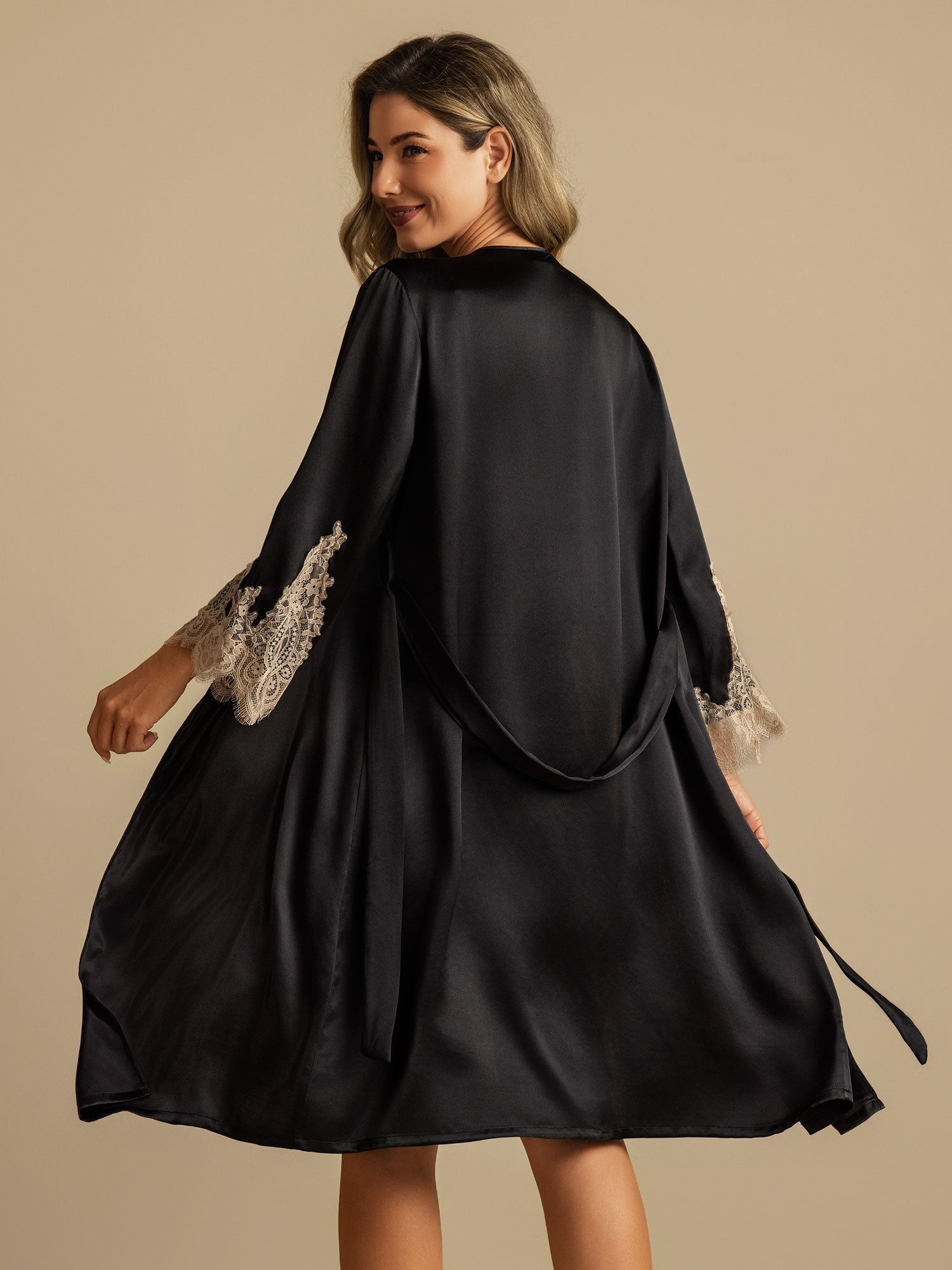 [Zwart] SilkSilky-NL Nightgown&Robe Set 002,