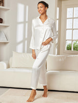 [Wit] SilkSilky-NL Long Sleeve Lapel Collar Dames Pyjama Set 004