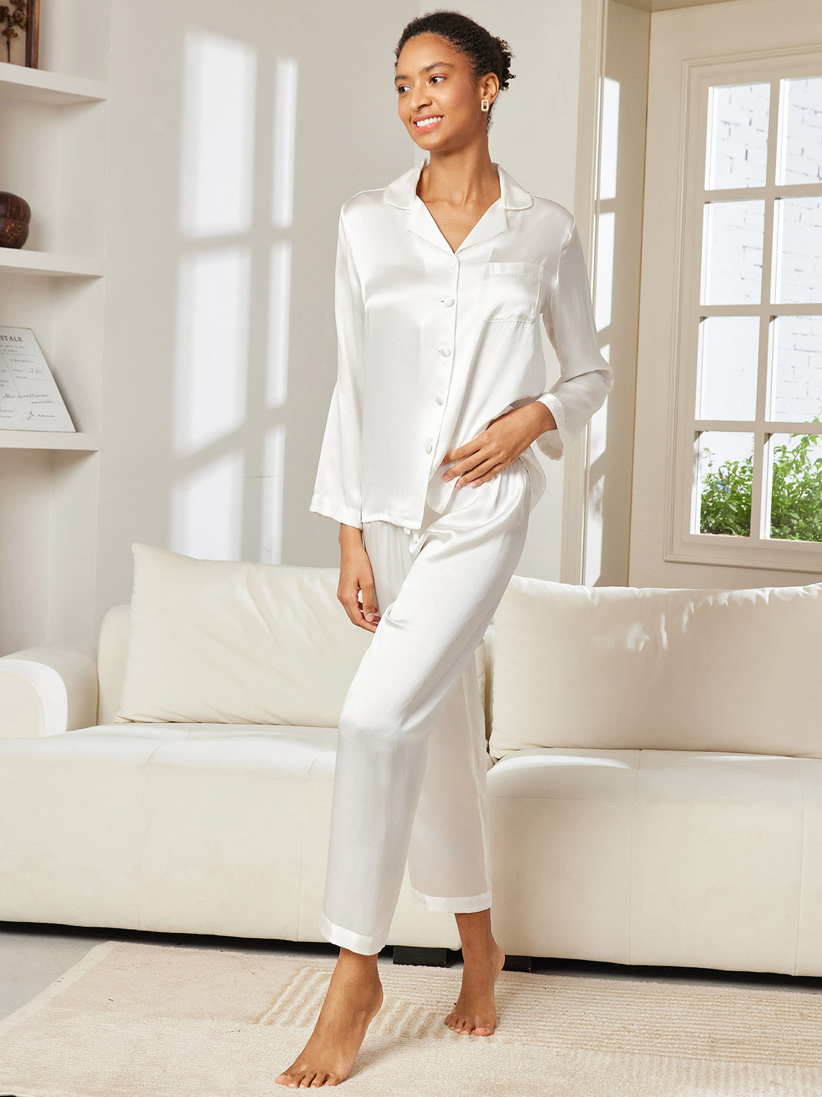 [Wit] SilkSilky-NL Lange Mouw Notchkraag Dames Pyjama Set 004