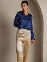 [Donkerblauw] SilkSilky-NL Long Sleeve Lapel Collar Dames Blouse 001