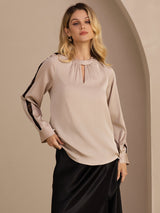 [Tan] SilkSilky-NL Long Sleeve Keyhole Neck Blouse 001