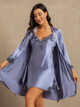 [Staal Blauw] SilkSilky-NL 3/4 Sleeve V Neck Nachthemd&Kamerjas Set 001