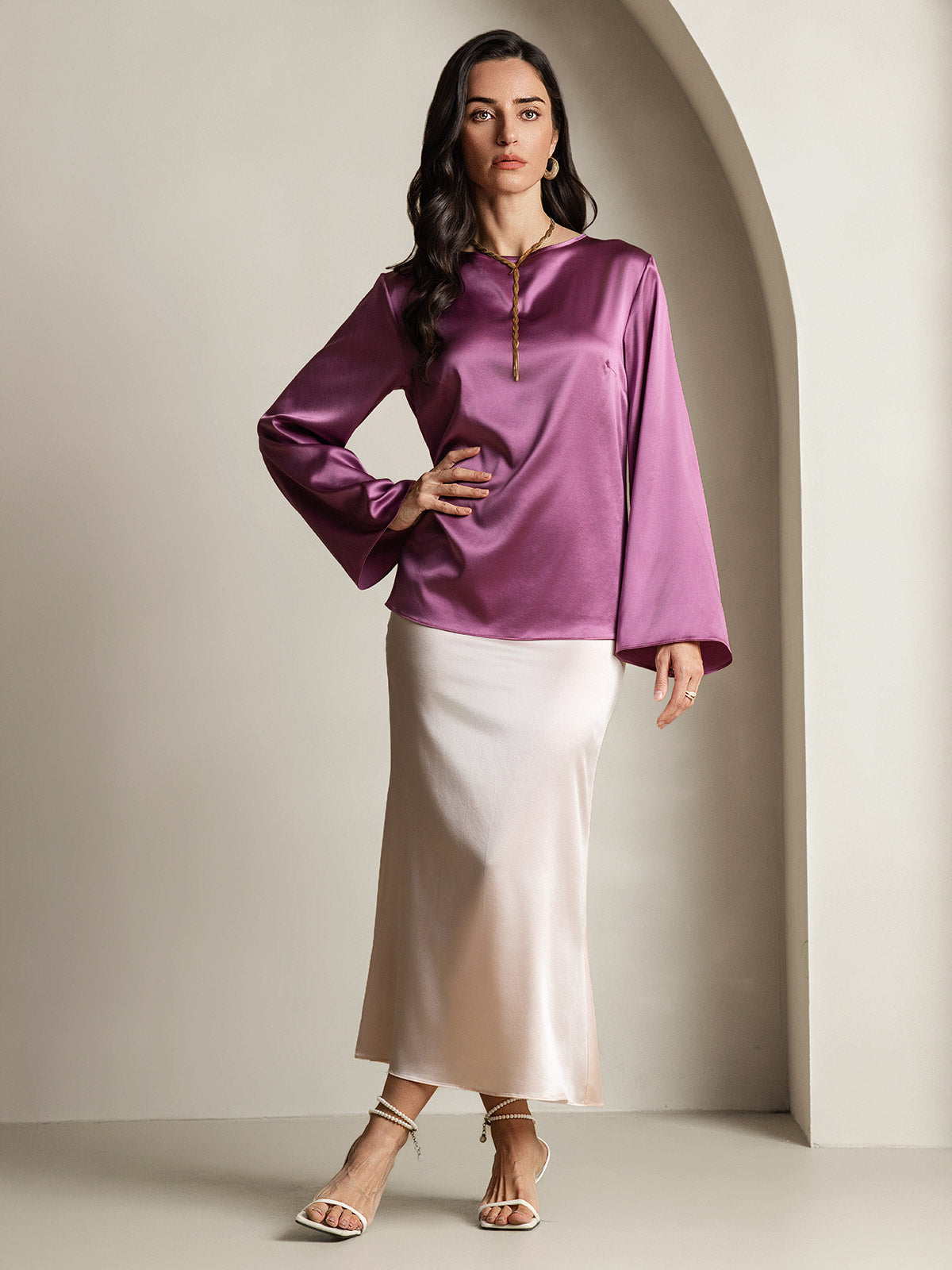 [Donkerpaars] SilkSilky-NL 19Momme Lange Mouw Boat Hals Blouse 006