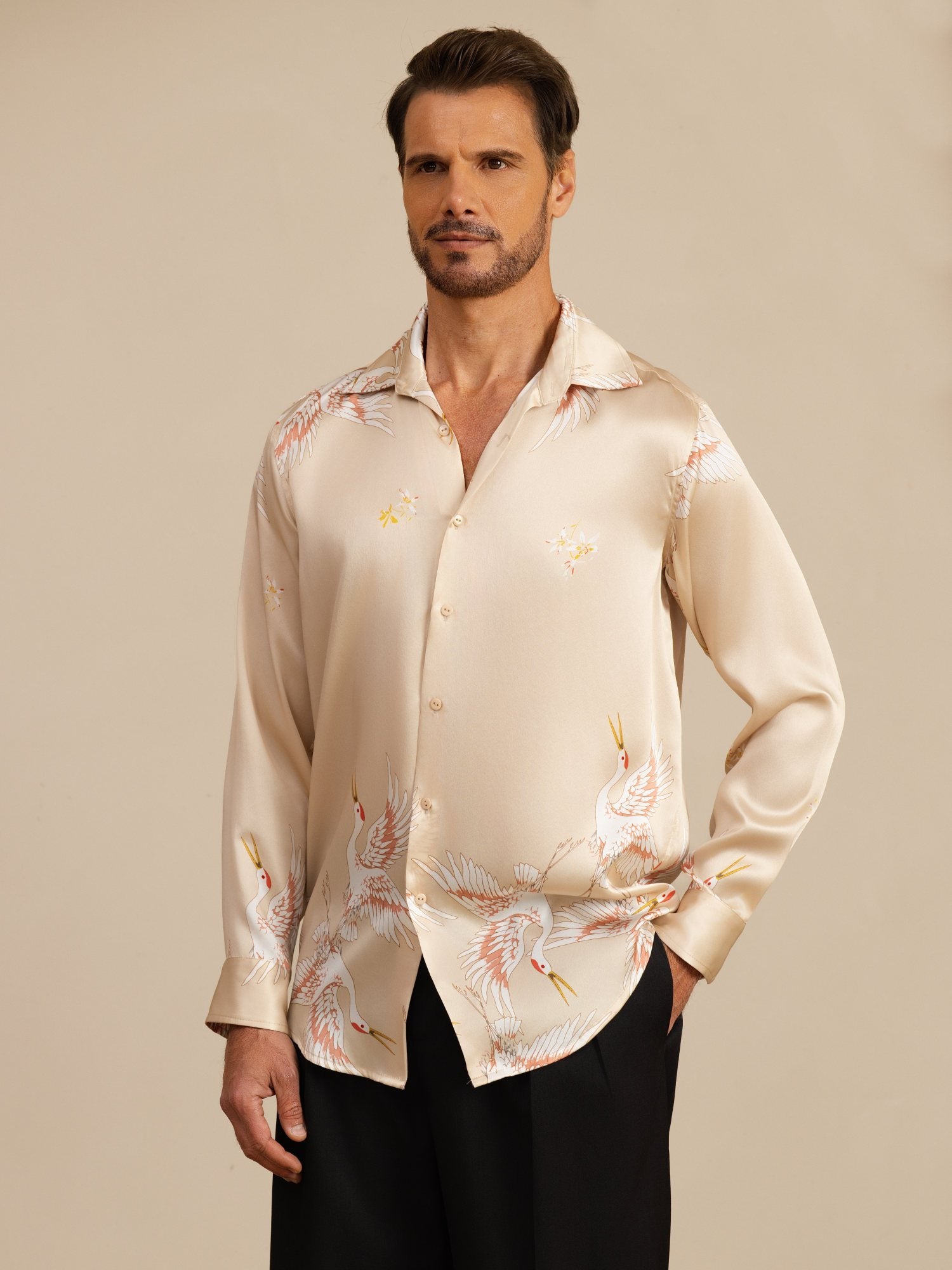 [Champagne] SilkSilky-NL 19Momme Lange Mouw Reverskraag Heren Shirt 001