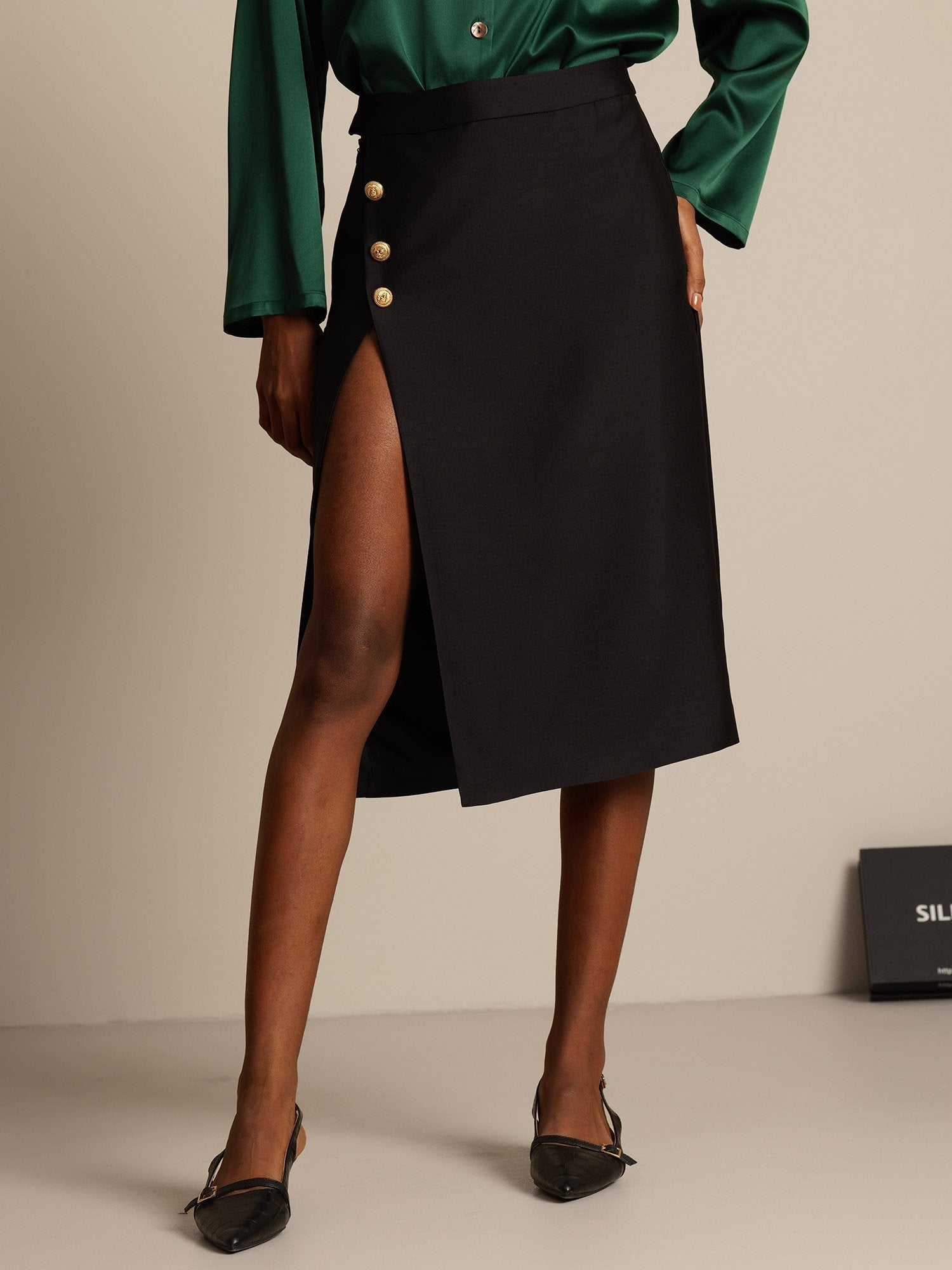 [Zwart] SilkSilky-NL 32Momme Silk-Wool Blend Skirt 001,