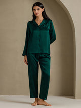 [Donkergroen] SilkSilky-NL Long Sleeve Lapel Collar Dames Pyjama Set 001