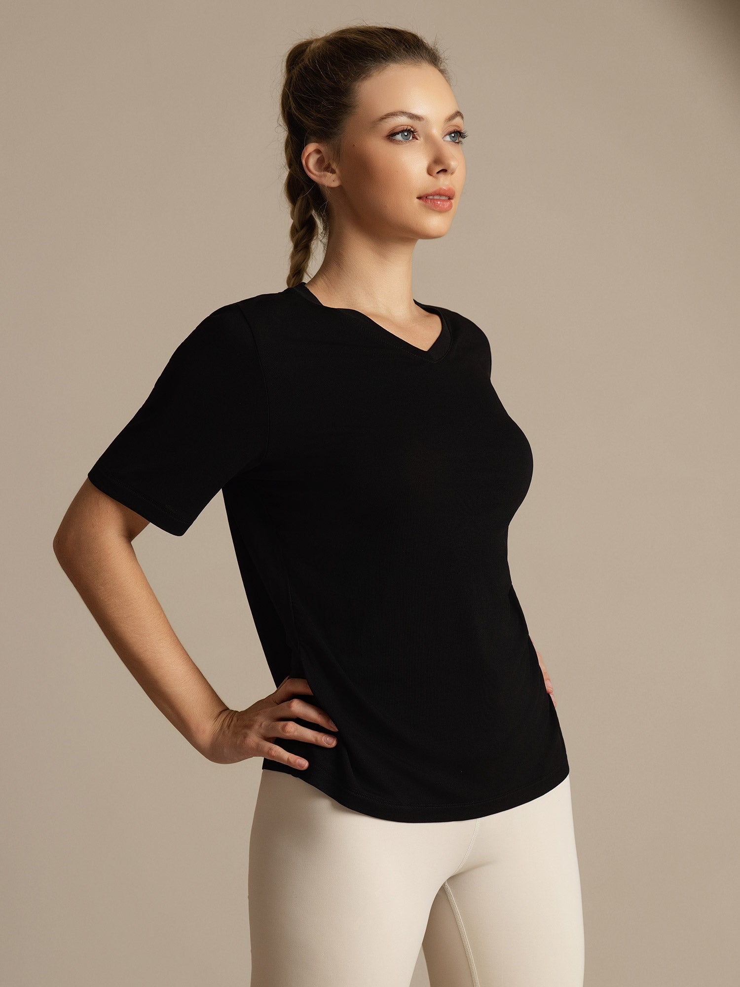 [Zwart] SilkSilky-NL Korte Mouw V Hals Dames T-Shirt 005