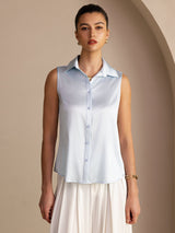 [Lichtblauw] SilkSilky-NL Sleeveless Lapel Collar Dames Blouse 001