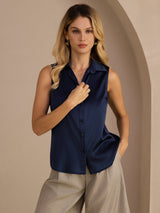 [Donkerblauw] SilkSilky-NL Sleeveless Lapel Collar Dames Blouse 005