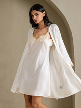 [Wit] SilkSilky-NL 3/4 Sleeve V Neck Nachthemd&Kamerjas Set 003