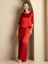[Wijn] SilkSilky-NL Halve Mouw Ronde Hals Dames Pyjama Set 006