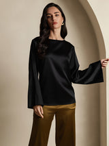[Zwart] SilkSilky-NL Long Sleeve Boat Neck Blouse 001