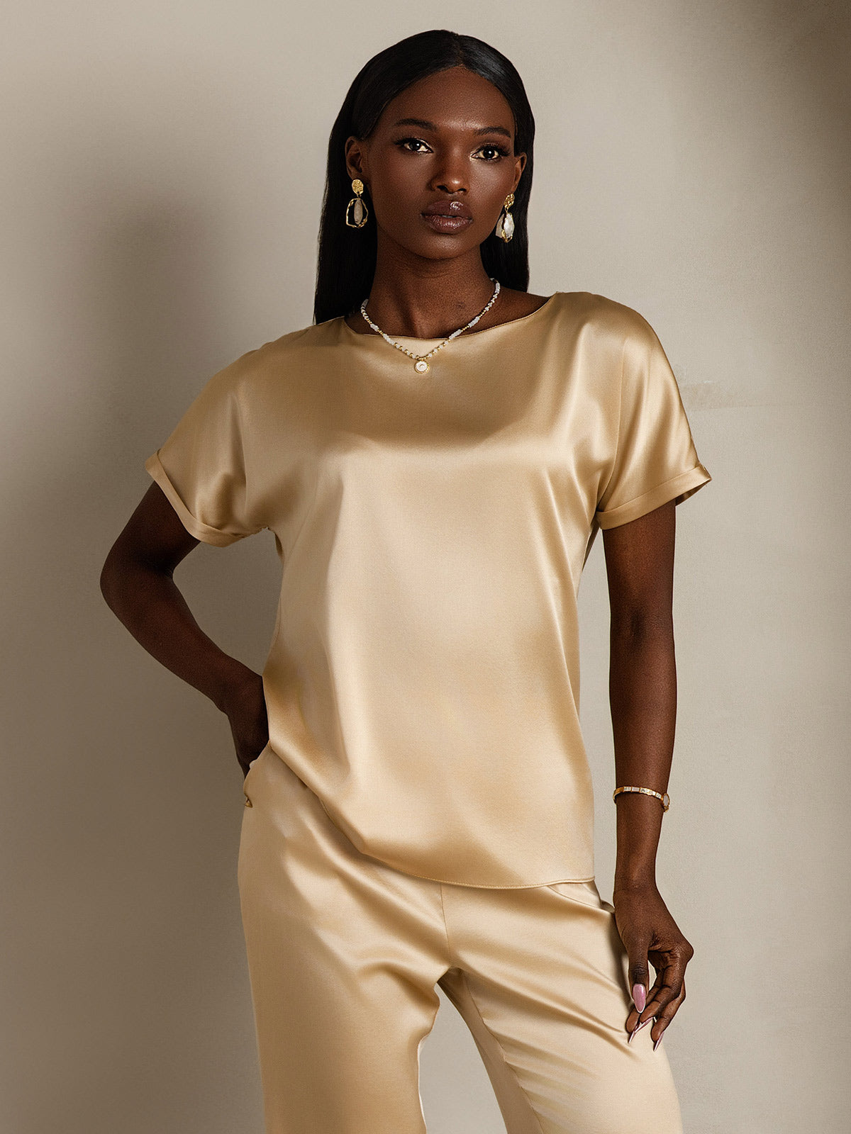 [Champagne] SilkSilky-NL 19Momme Zijde Ronde Hals Dames T-Shirt 003,