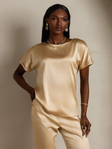 [Champagne] SilkSilky-NL 19Momme Korte Mouw Boat Hals Dames T-Shirt 003