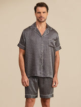 [Zwarte Ginkgo] SilkSilky-NL Short Sleeve Lapel Collar Heren Pyjama Set 005