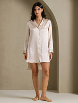 [Beige] SilkSilky-NL Long Sleeve Lapel Collar Slaap Hemd 007