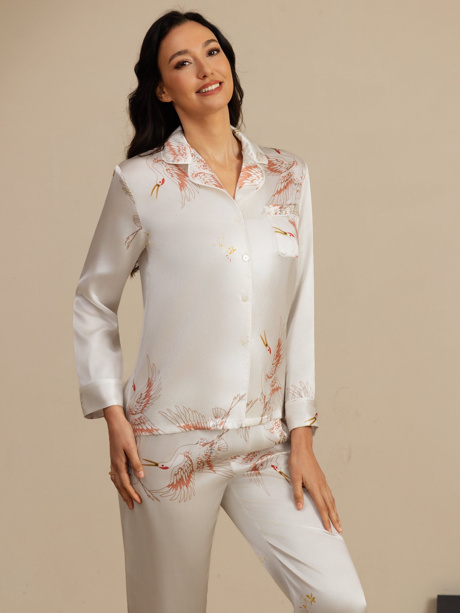 [Wit] SilkSilky-NL 19Momme Lange Mouw Notchkraag Dames Pyjama Set 003
