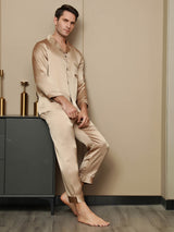 [Champagne] SilkSilky-NL Pure Silk Lange Mouw Revers Heren Pyjama Set 004