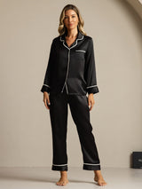 [Zwart] SilkSilky-NL Lange Mouw Notchkraag Dames Pyjama Set 003