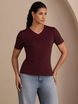 [Wijn] SilkSilky-NL Short Sleeve V Neck Dames T-Shirt 001