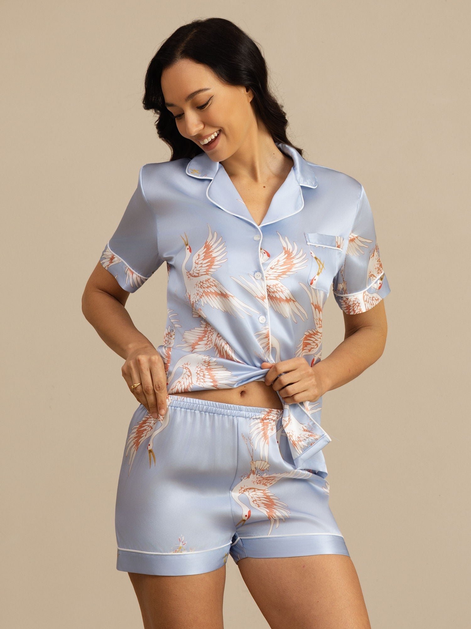 [Lichtblauw] SilkSilky-NL 19Momme Korte Mouw Notchkraag Dames Pyjama Set 001