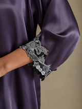[Paars Grijs] SilkSilky-NL 3/4 Sleeve V Neck Nachthemd&Kamerjas Set 004