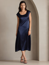 [Donkerblauw] SilkSilky-NL Kapmouwtjes Diepe Ronde Hals Jurk 003