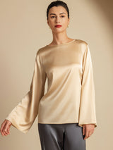 [Champagne] SilkSilky-NL Long Sleeve Boat Neck Blouse 001
