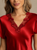 [Donkerrood] SilkSilky-NL Short Sleeve V Neck Nachthemd 004
