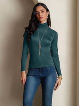 [Donkergroen] SilkSilky-NL Lange Mouw Coltrui Hals Dames T-Shirt 004