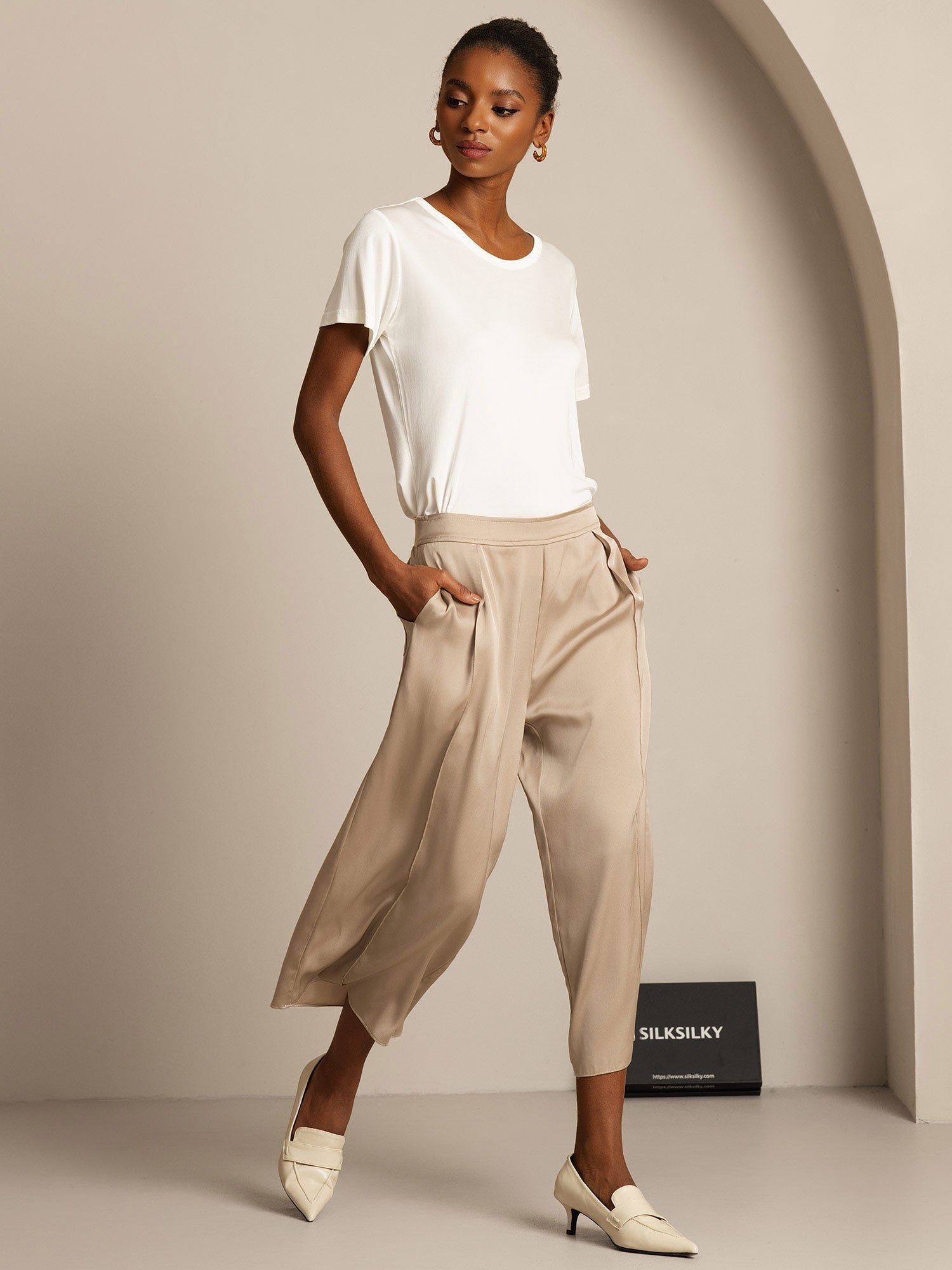 [Wit] SilkSilky-NL Zijde Gebreid Ronde Hals Dames T-Shirt 007