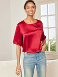 SilkSilky NL Pure Silk Halve Mouw Boat Hals Dames T Shirt Donkerrood 004