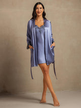 [Staal Blauw] SilkSilky-NL 3/4 Sleeve V Neck Nachthemd&Kamerjas Set 008