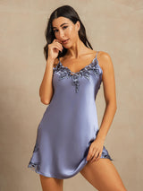 [Staal Blauw] SilkSilky-NL Spaghetti Strap Split Nachthemd 001
