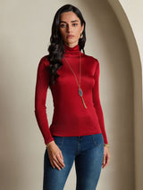 [Wijn] SilkSilky-NL Lange Mouw Coltrui Hals Dames T-Shirt 003