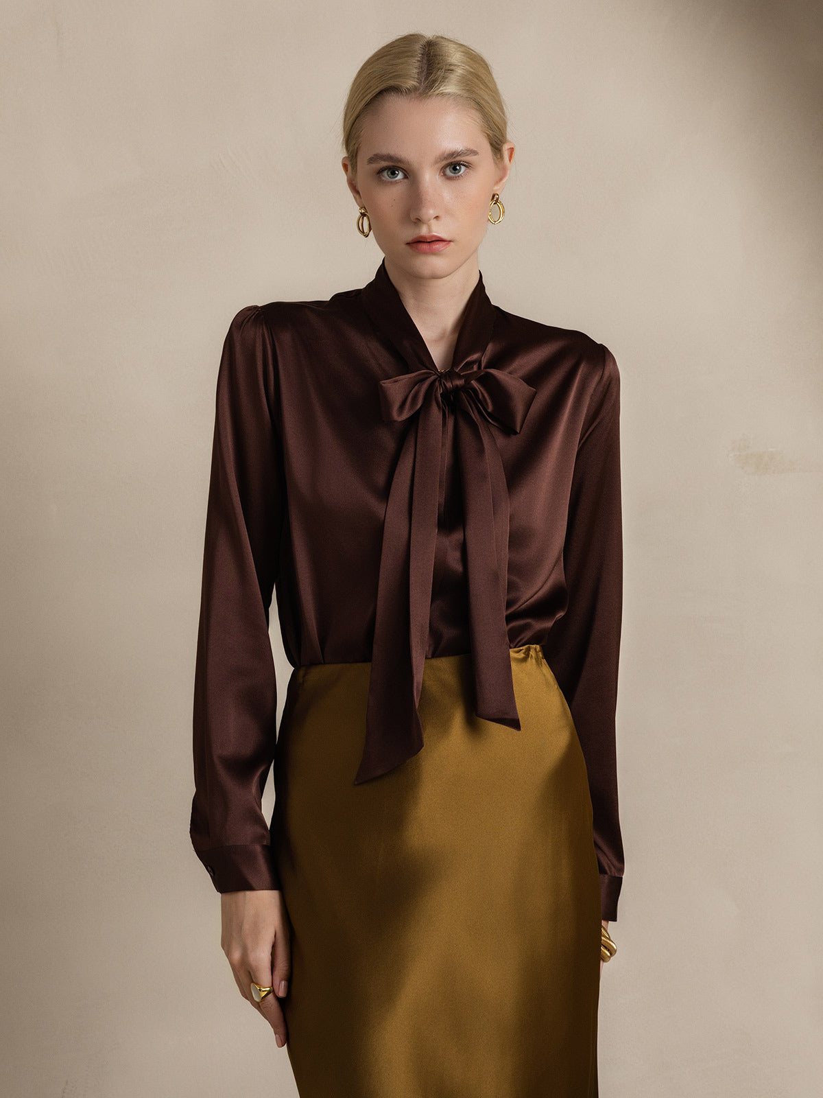 [Koffie] SilkSilky-NL 19Momme Zijde Lange Mouw Binda Hals Dames Blouse 003