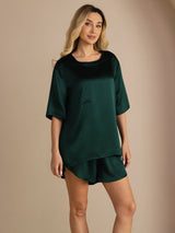 [Donkergroen] SilkSilky-NL Short Sleeve Round Neck Dames Pyjama Set 003